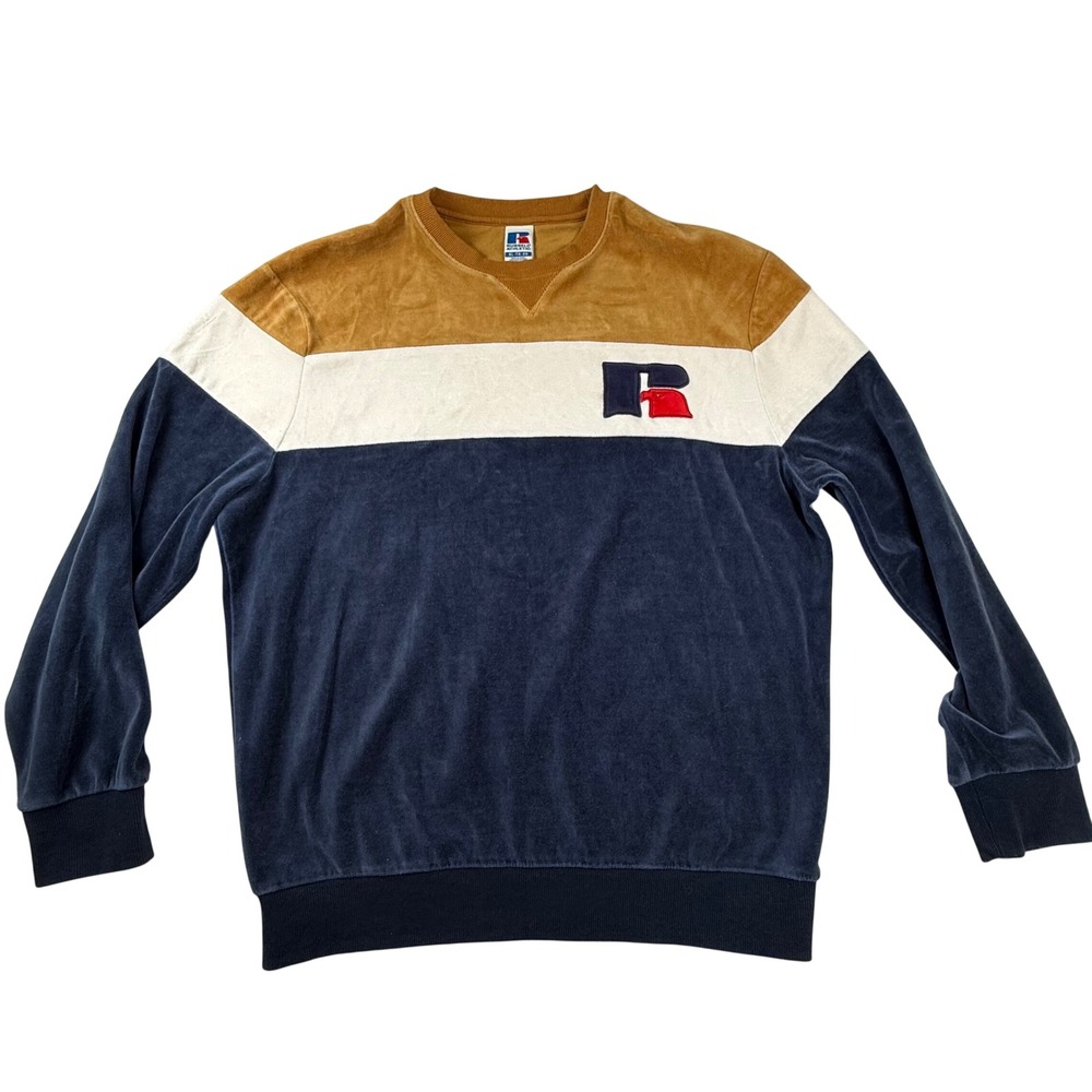 VTG Russell Athletic Mens XL Colorblock Velour Sweatshirt Navy Y2K 90s street